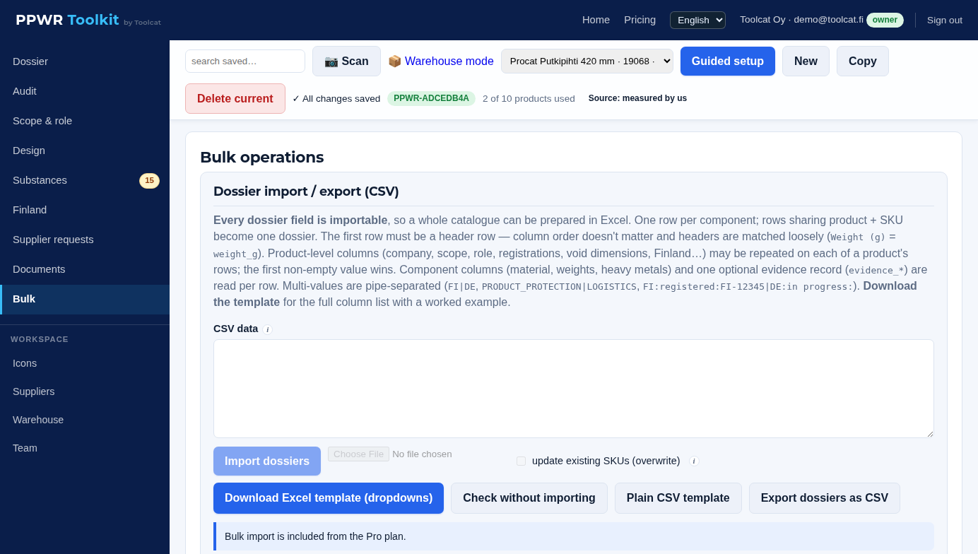 Bulk tab with spreadsheet import and catalogue-wide tools