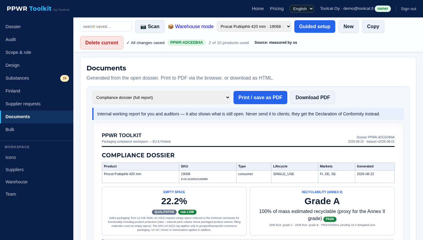 Documents tab with the generated compliance dossier preview