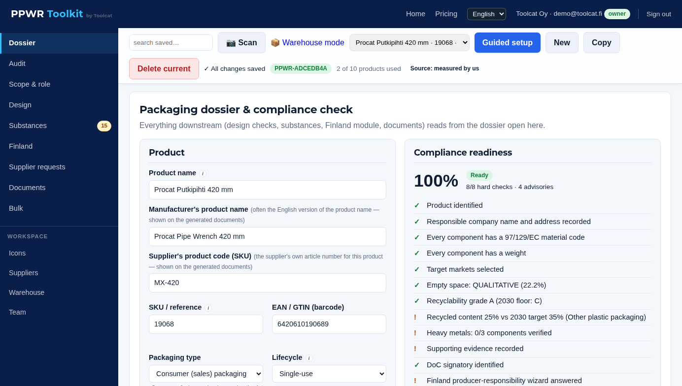 Product dossier with the component table and compliance readiness panel
