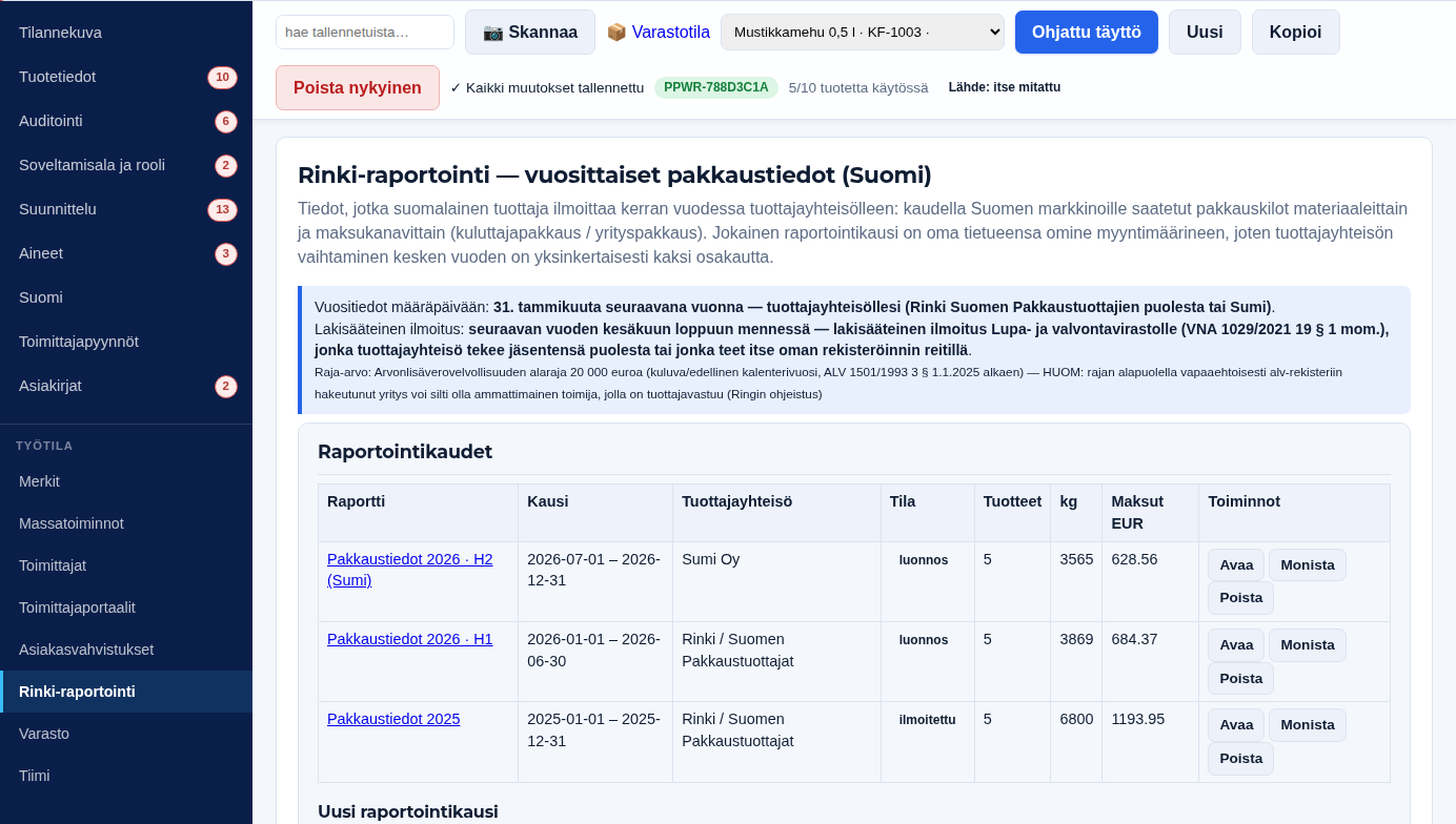 The Rinki reporting module: the list of reporting periods with payees and statuses, and the deadline note above it