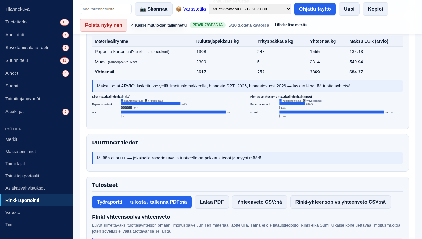 One reporting period opened: kilogram and fee totals per material group and channel, with charts and the Rinki-compatible summary