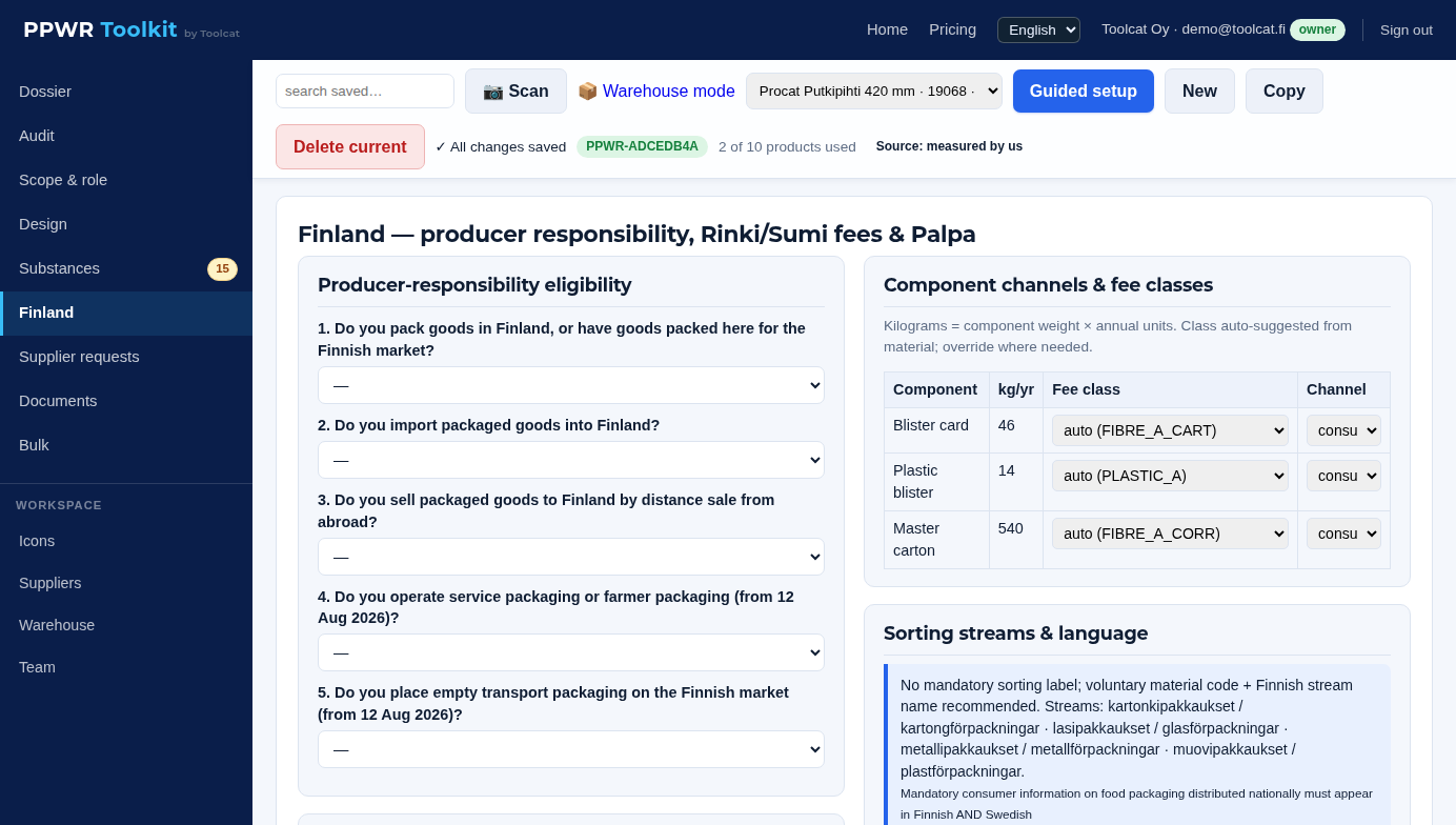 Finland producer-responsibility module with fees and Palpa readiness