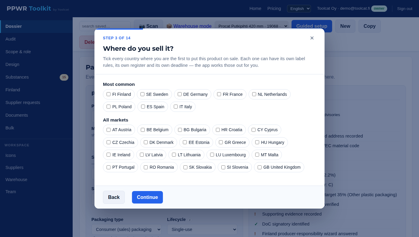 Guided setup asking which countries the product is sold in