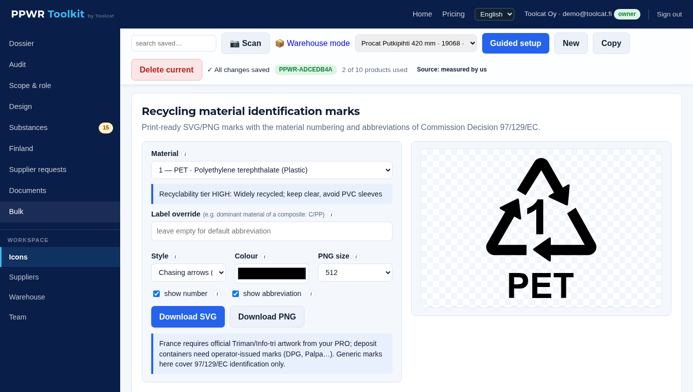 Material identification mark generator with the official PET mark preview