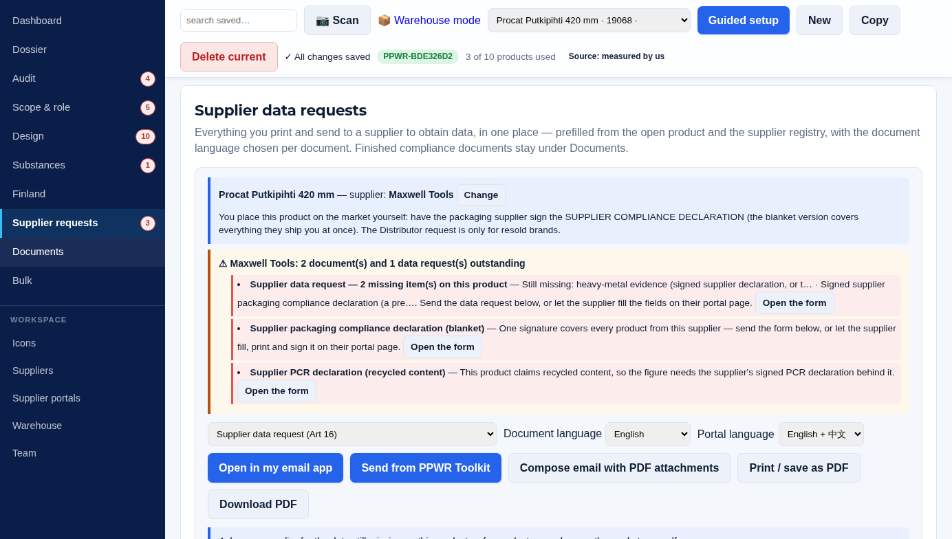 Supplier requests screen listing the outstanding documents and data for one supplier, each with a form to open and a button that composes the email