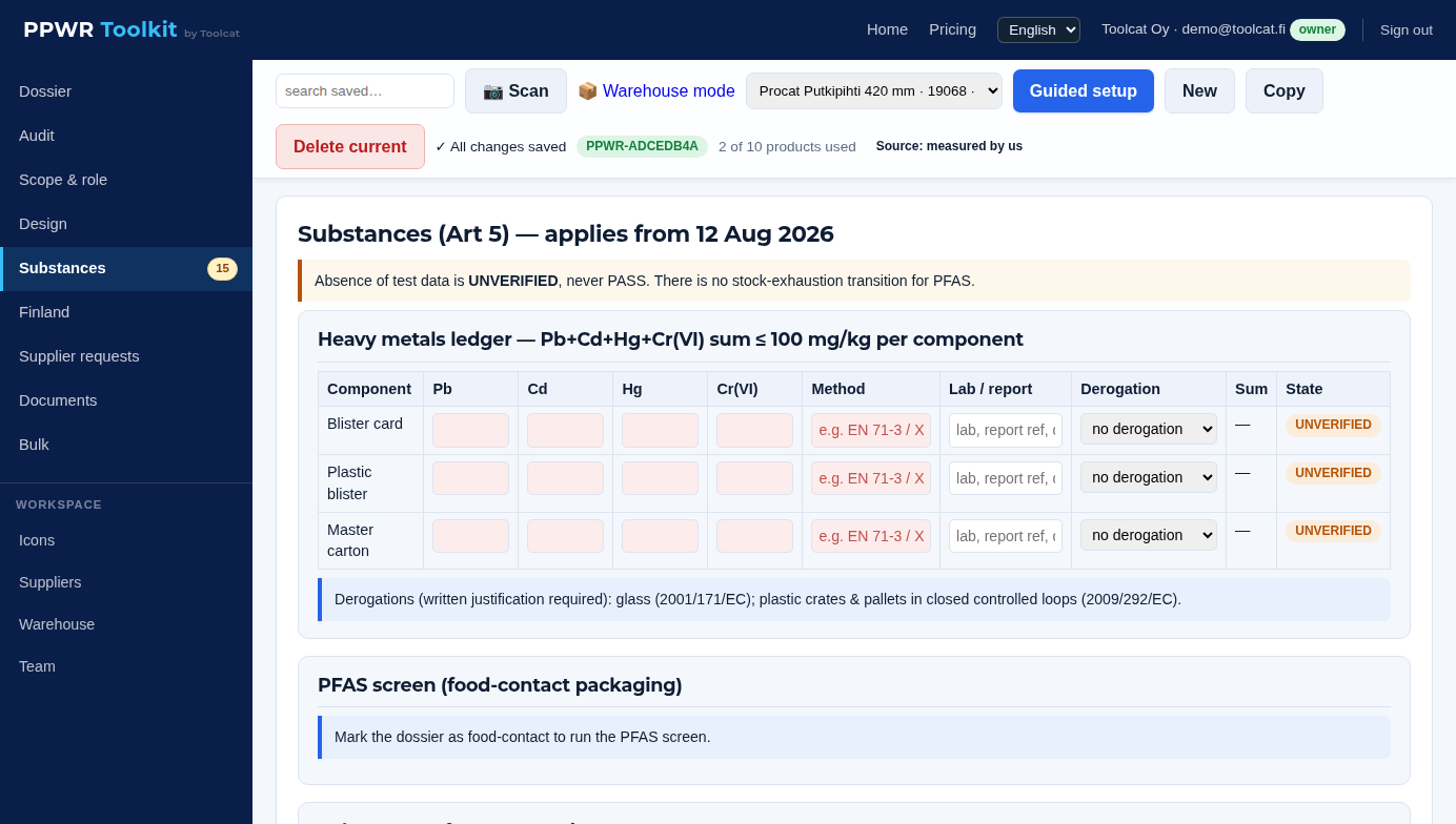Heavy-metals ledger and PFAS screen for every packaging component