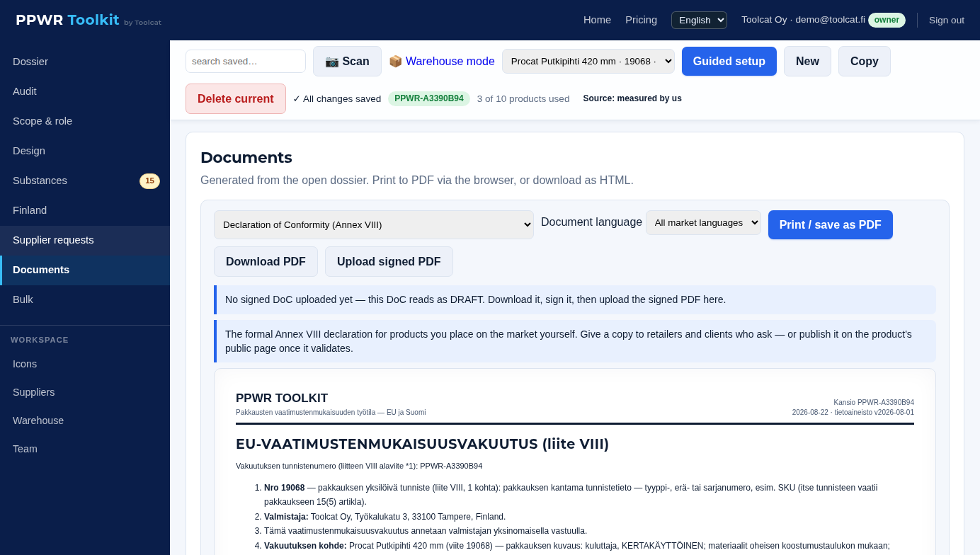 Declaration of Conformity with a tab per market language