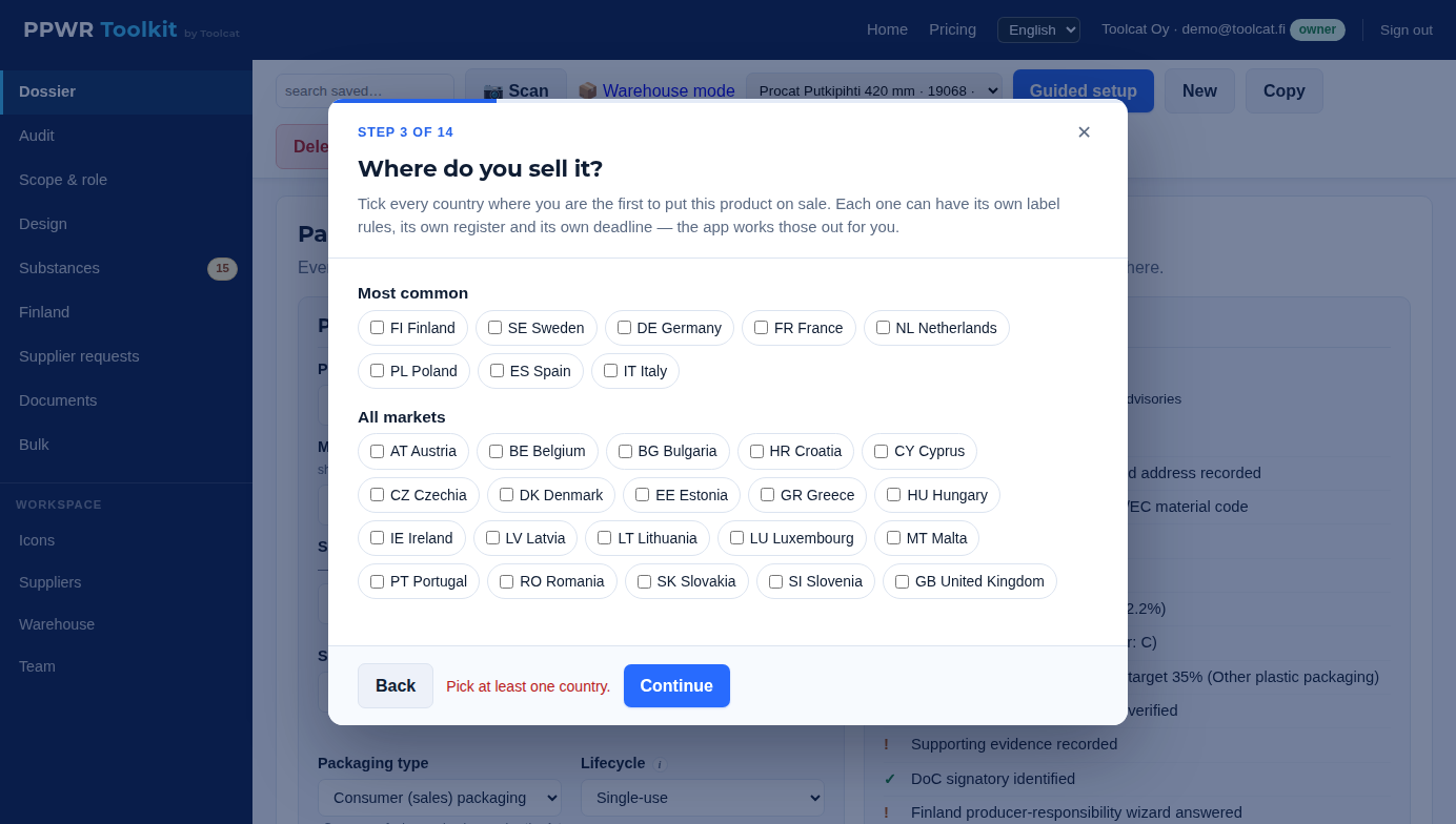 Guided setup wizard asking which countries the product is sold in